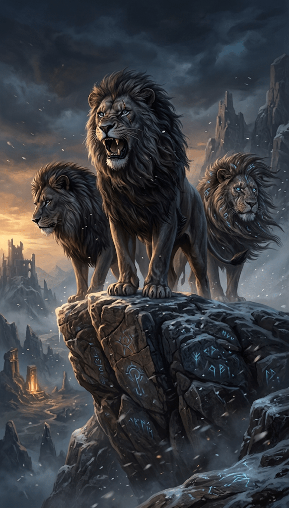 Four lions standing on a rocky cliff with glowing blue runes, overlooking a mountainous valley with ruins under a dramatic sky